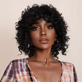 12 Inch Short Black Afro Kinky Curly Bob Wig with Bangs